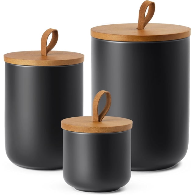 Canisters Set Kitchen, Airtight Coffee Canister, Sugar Container Set With Top Handle, Ceramic Coffee Container Modern Canister Set Kitchen Canisters For Coffee Flour Tea Sugar Nuts, set of 3 (Black)