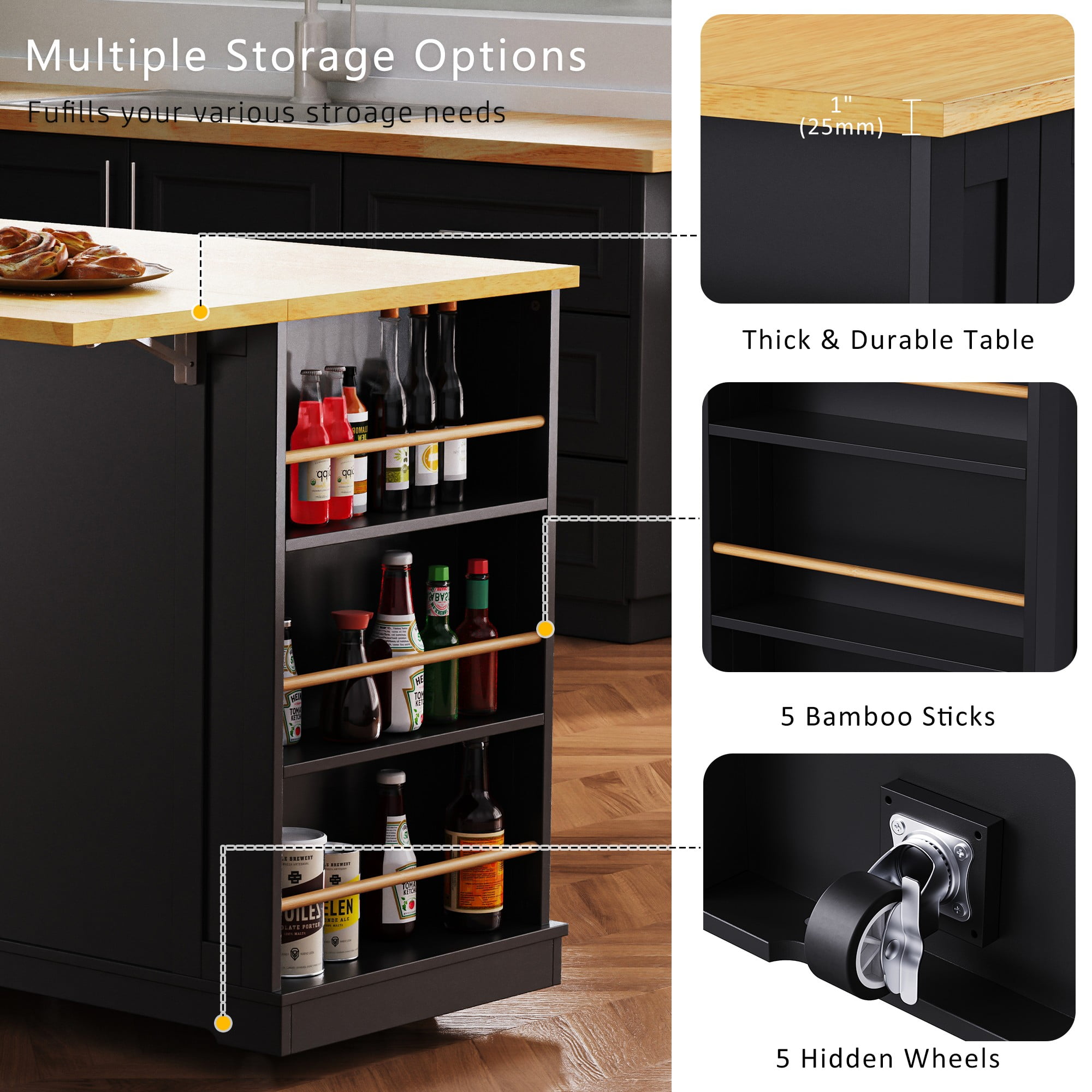 Îlot de cuisine Noble House 135 cm avec 2 tabourets de bar et prise électrique, noir