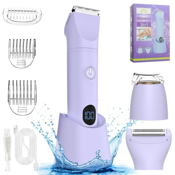 RNKR Bikini Trimmer for Women, 3 in 1 Rechargeable Electric Razor with LCD Display, Waterproof Pubic Hair Trimmer and Facial Hair Remover, Body Shaver with Travel Lock, Purple