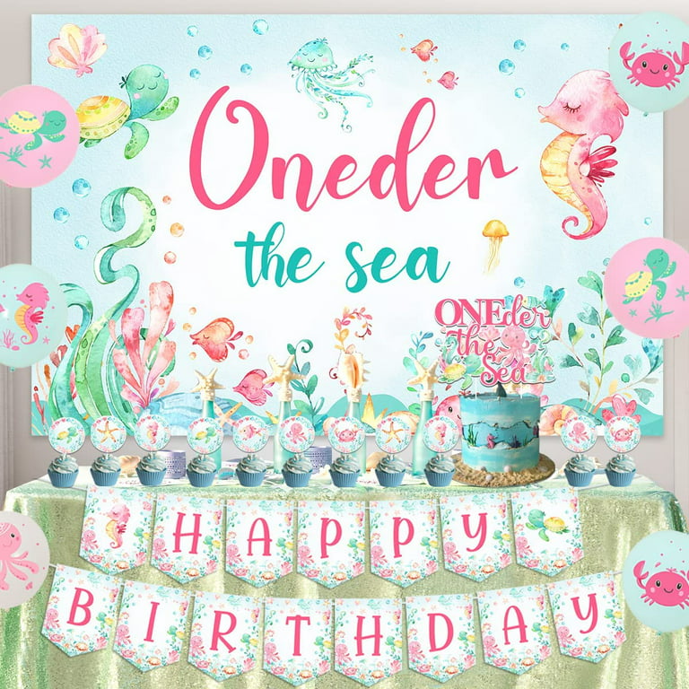 Under the Sea First Birthday Decorations for Girls Ocean Themed 1st  Birthday Party Decorations Oneder the Sea Backdrop Happy Birthday Banner  High Chair Banner Cupcake Cake Topper Printed Balloons 