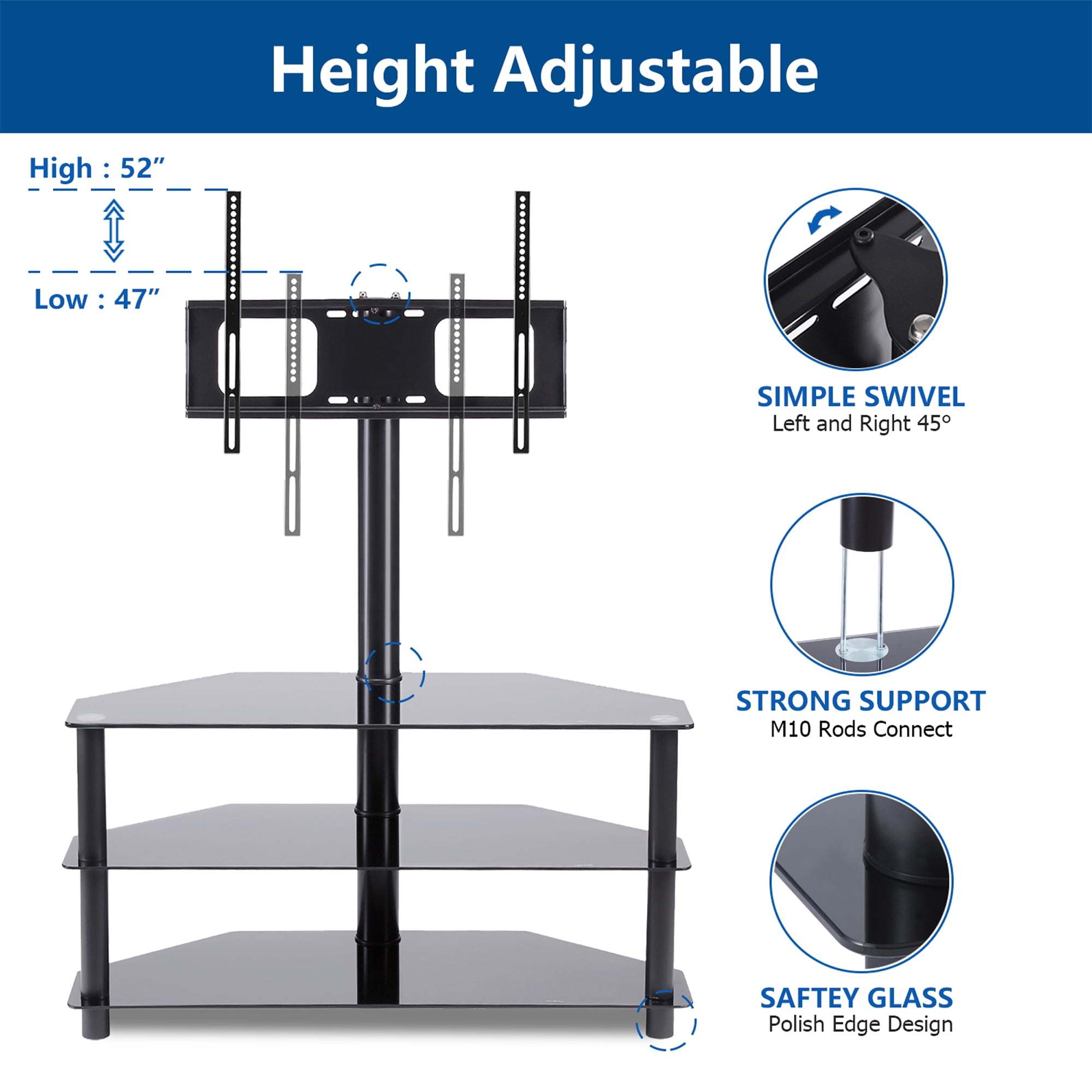 IANIYA Swivel Floor TV Stand with Mount Height Adjustable Bracket Entertainment Stand for 32 to 65 inch Plasma LCD LED or Curved Screen TV 3-Tier Tempered Glass Universal Media Stand Floor tv Stand