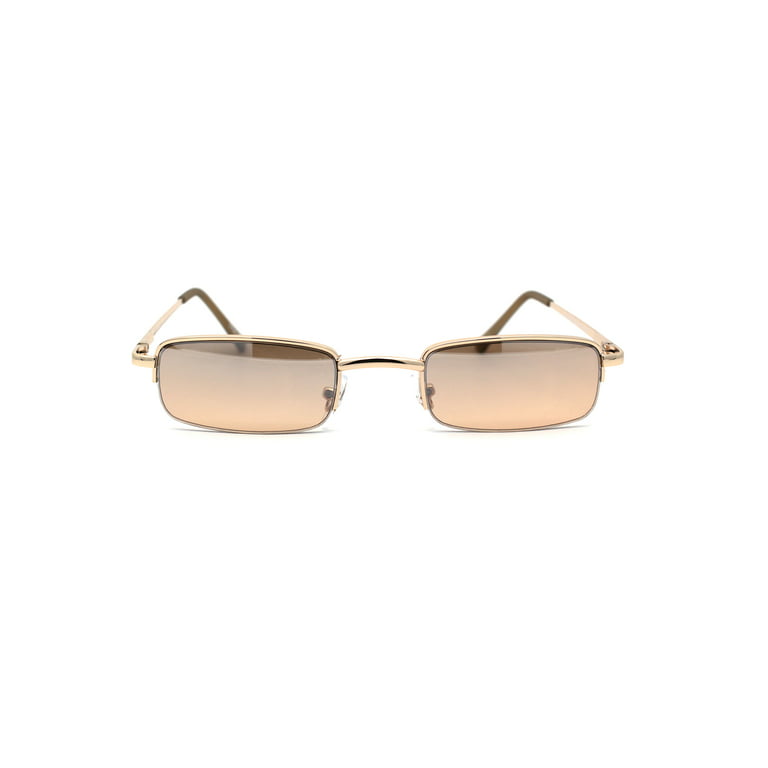 Mens Half Metal Rim Dad Shade Small Rectangle Sunglasses Gold Brown Mirror