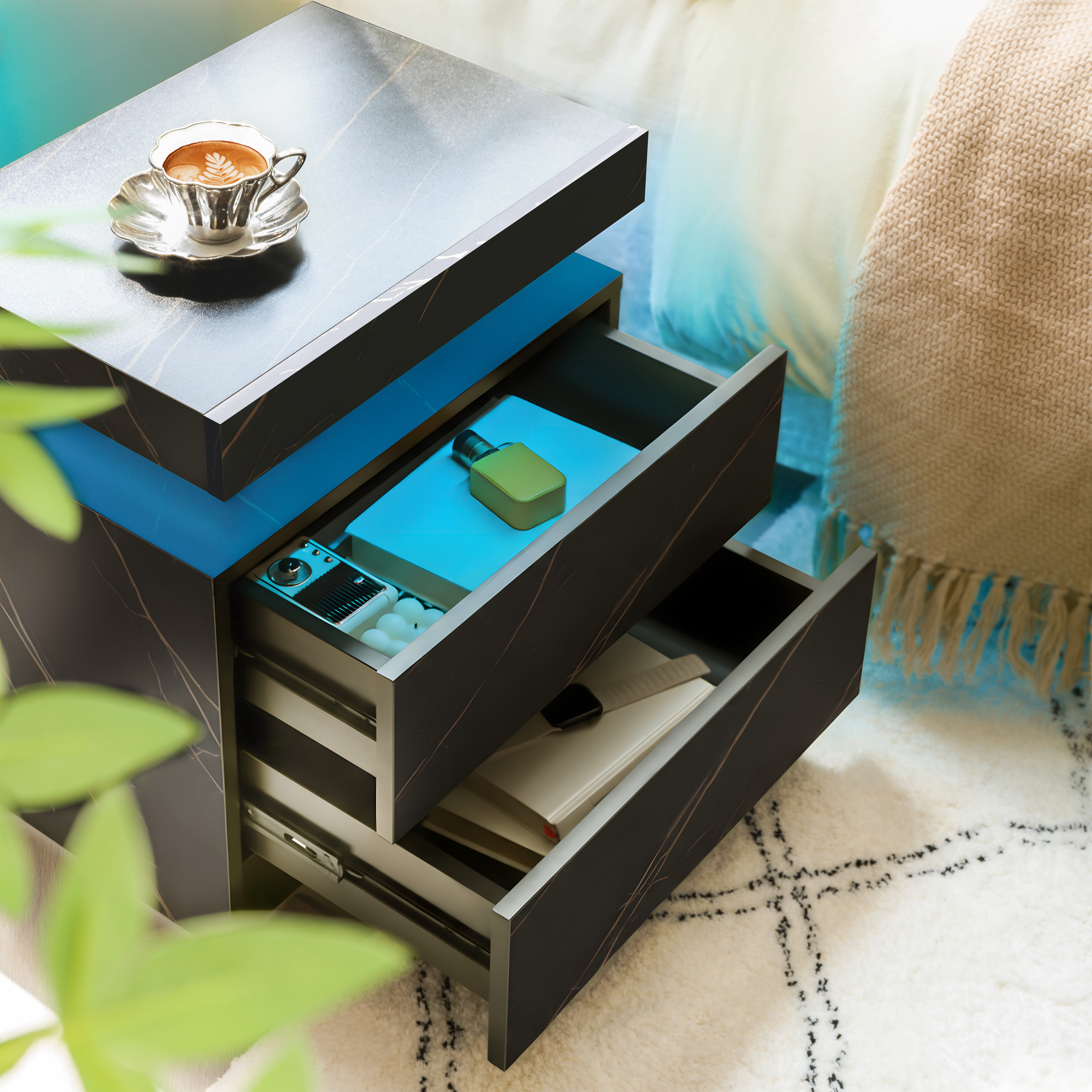 Nightstand LED Bedside Table Cabinet Lights Modern End Side with 2 Drawers for Bedroom (Black Gold)