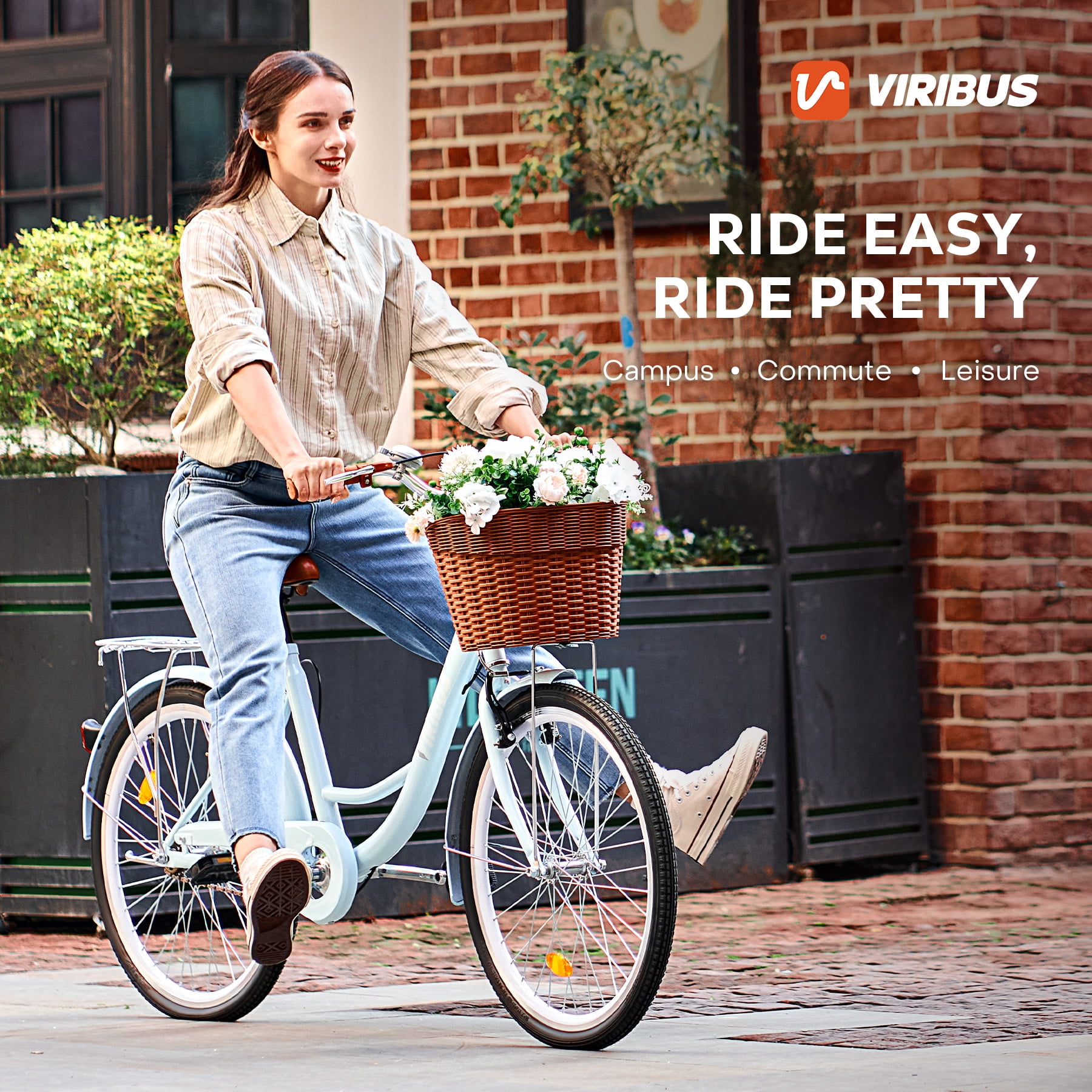 Viribus 24 inch City Cruiser Bicycle with Carbon Steel Frame Dual V Brakes Basket,Commute Bike for Women Adults,Blue