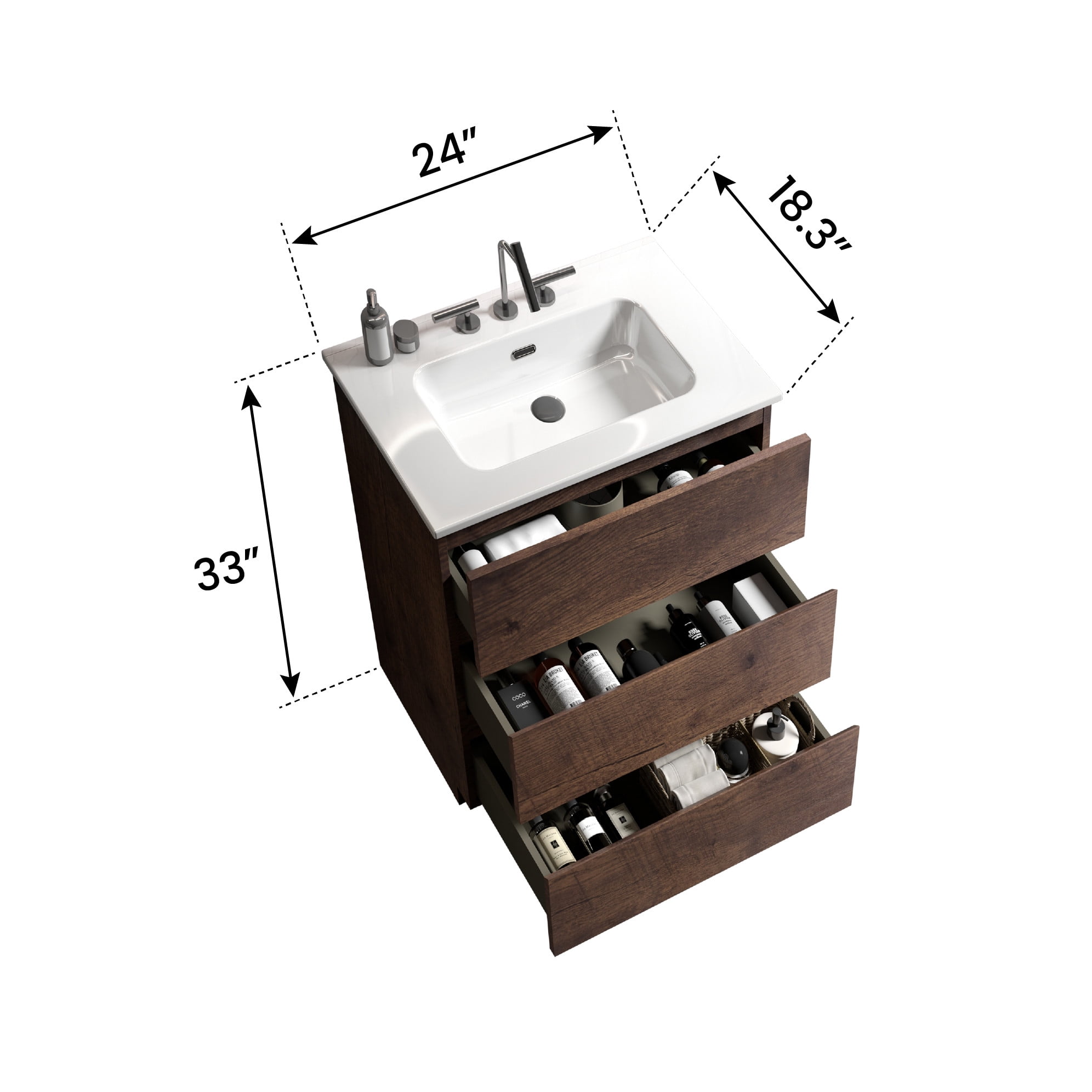 CITTANEO 24" Bathroom Vanity with Ceramic Sink, Contemporary Bathroom Cabinet with 3 Drawers, Walnut