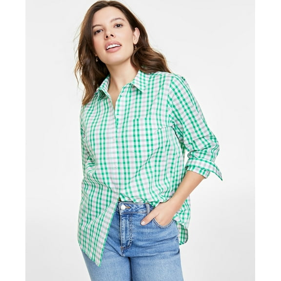 Women's Collared Button-Down Shirt, XXS-4X White Green Cmb 1X
