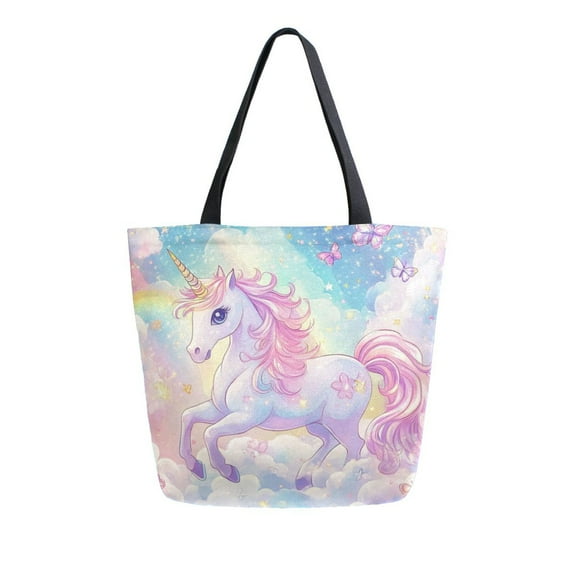 Durable Canvas Tote Bag with Zip Pocket Bags for Woman Shoulder Versatile Carryall for Everyday Use Rainbow Colors Unicorn
