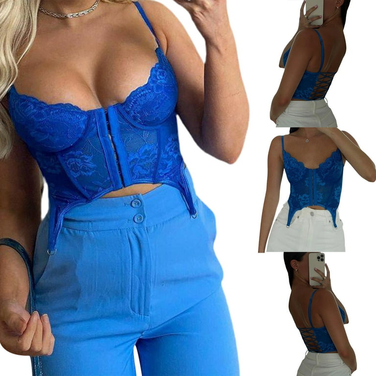 Womens Sexy Push Up Bustier Corset Backless Crop Tank Top Lace Up Strap  Cami Vest Streetwear