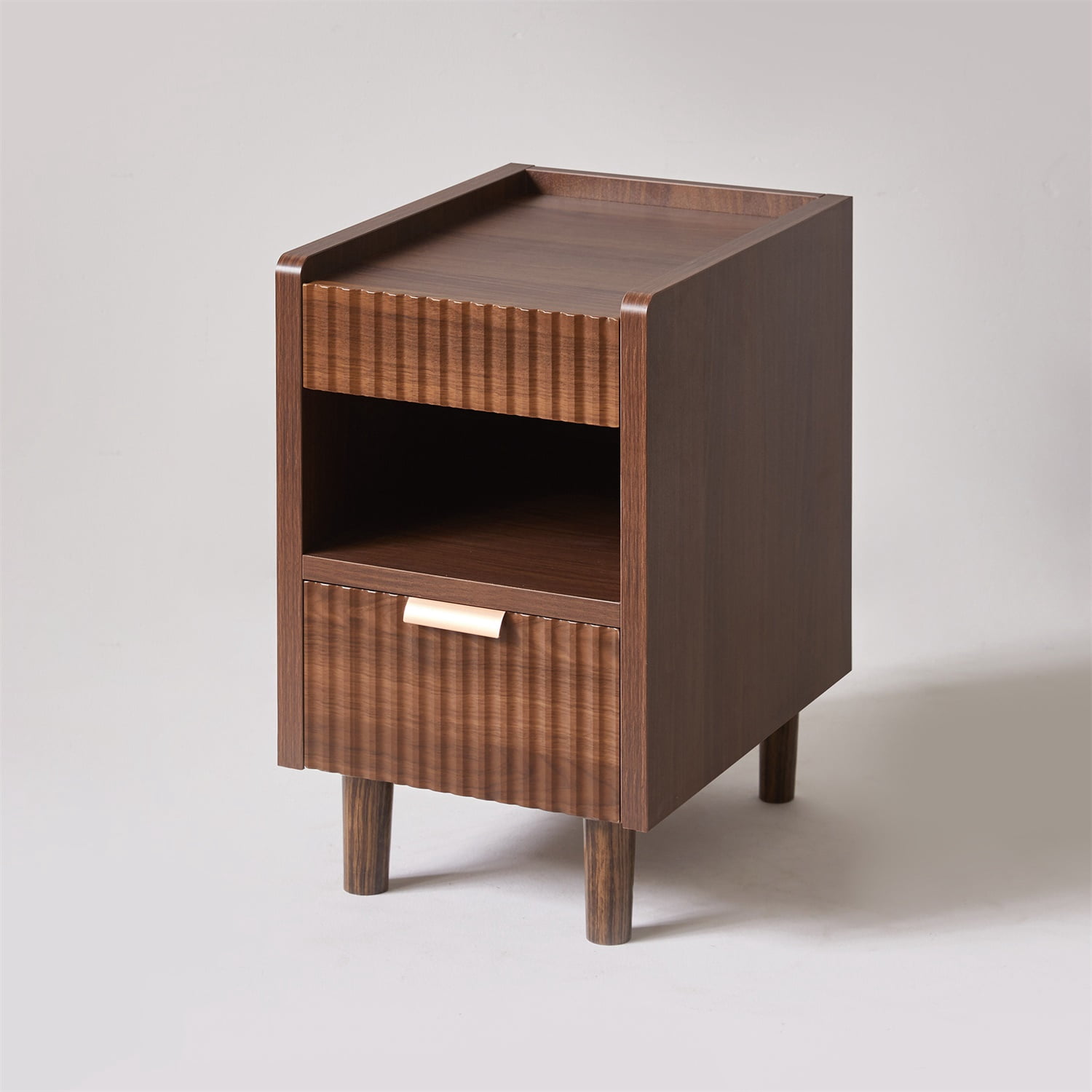 Hommoo 2-Pack Modern Fluted Nightstands with Drawer & Open Cubby, MDF Bedside Tables for Small Bedrooms, Dorms & Living Rooms, Walnut