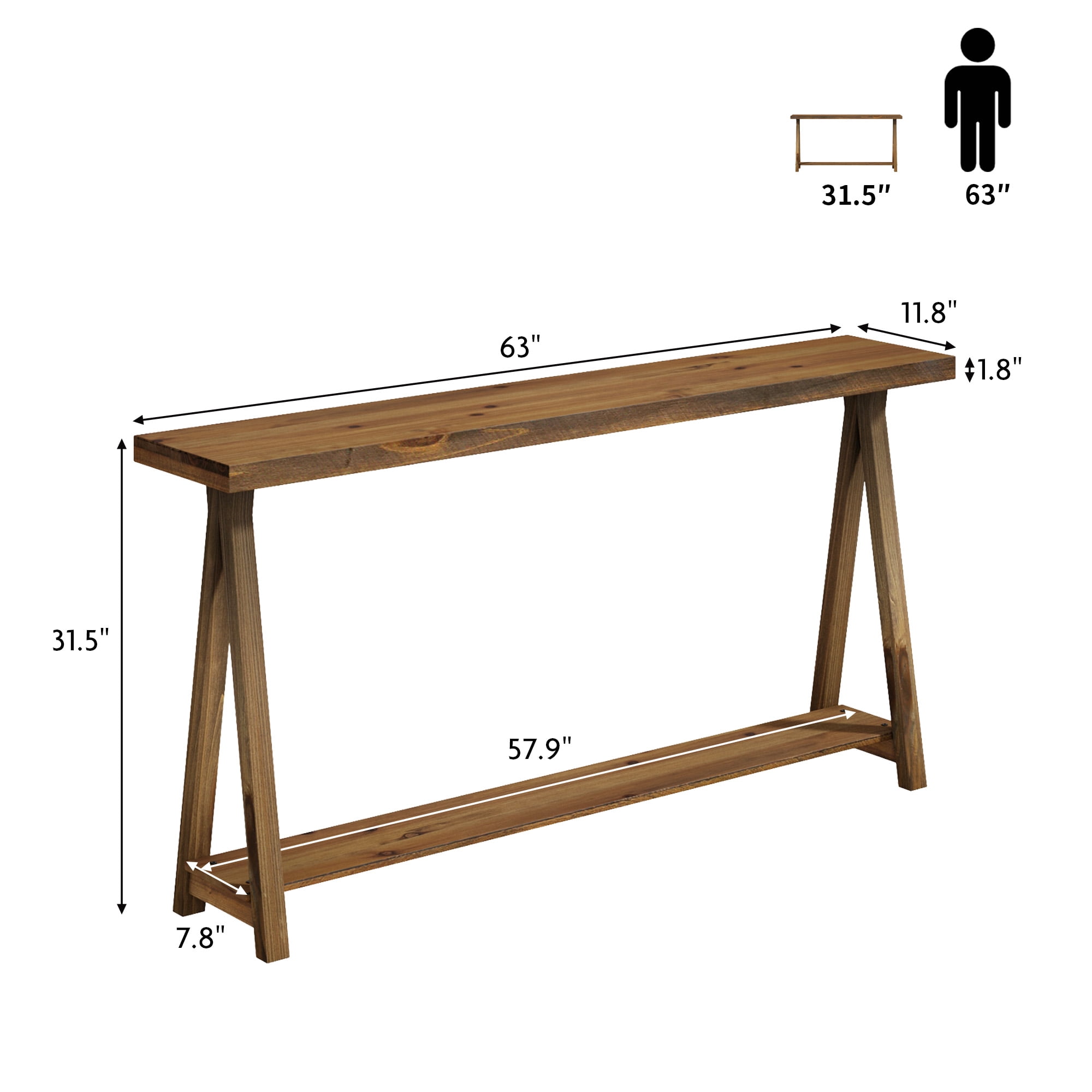 63'' Farmhouse Narrow Wood Console Tables, Long Entryway Sofa Table with Shelf for Living Room Hallway