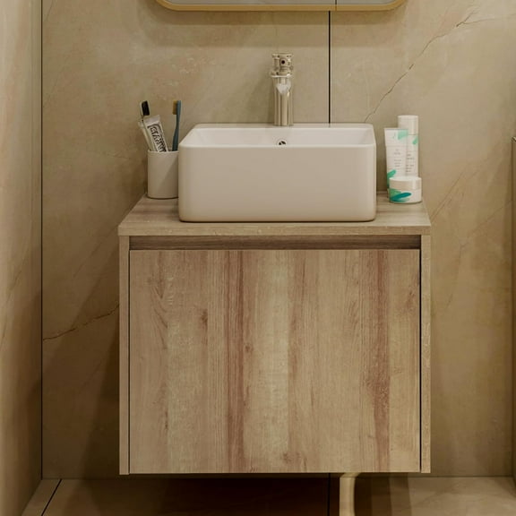 Bathroom Vanity with Sink,Bathroom Vanities, Natural Color Wall-Mounted Bathroom Vanity with Hidden Drawer