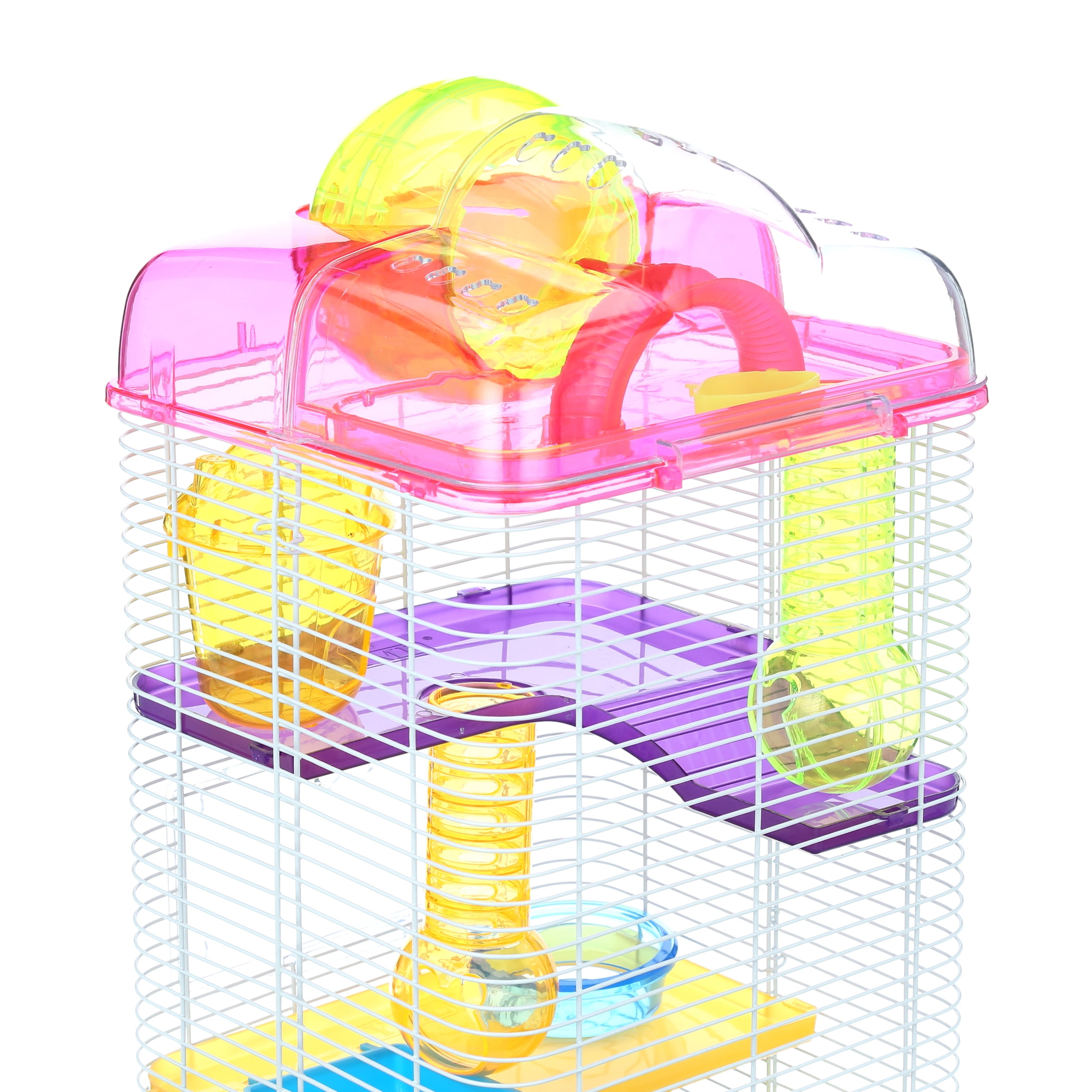 YML 3-Level Clear Plastic Dwarf Hamster Mice Cage with Ball on Top, Pink