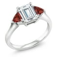 thumbnail image 2 of Gem Stone King 925 Sterling Silver White Moissanite and Red Garnet 3-Stone Ring for Women (2.15 Cttw, 8X6MM Emerald Cut and 3.5 Trillion, Gemstone Birthstone, Size 6), 2 of 4