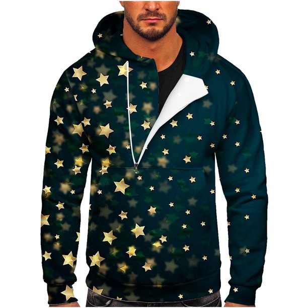 Hombres Casual Navidad Imprimir Deportes Fitness Pullover Sudadera con capucha y media cremallera Pompotops oipoqjl52488