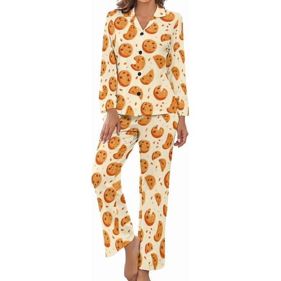 Top-kevin Womens Pajamas Set Cookie Chocolate Chips Soft Long Sleeve Sleepwear Button Down Sets
