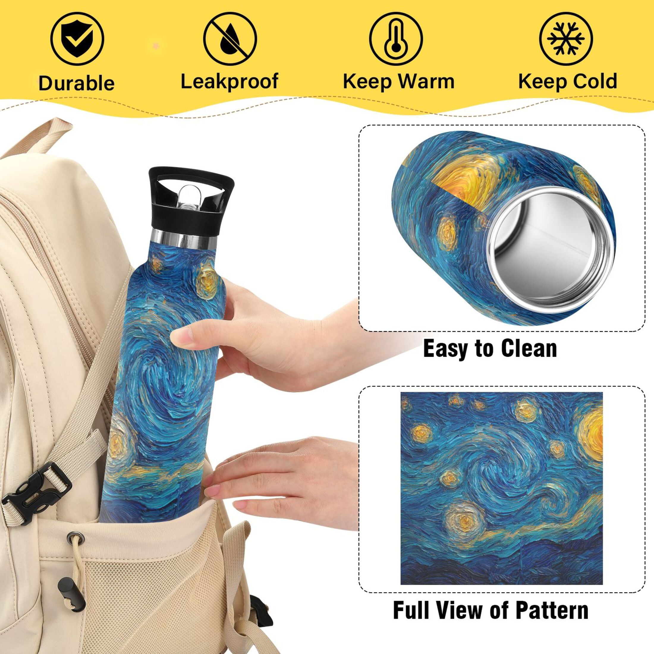 600ML Stainless Steel Insulated Cup Sports Water Bottle Portable Thermos Cup Water Glasses Insulated Tumblers Convenient and Durable Starry Night Beautiful