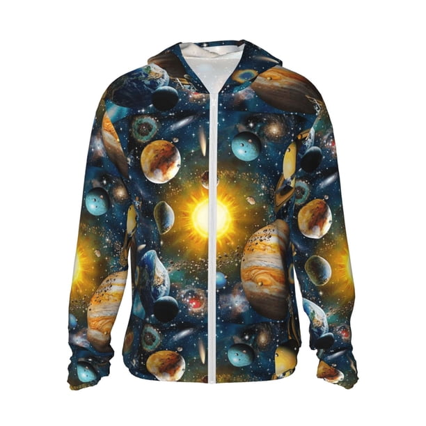 Fotbe Space Planet Chaqueta con Protección Solar UPF 50+ para Hombre y Mujer, Camisa con Capucha y Bolsillos-Large