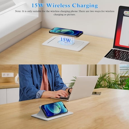 Pop Up Outlet with 20W USB-C, Pop up Power Outlet with 15W Wireless Charging, 2 AC Outlets and 18W USB A Ports, Recessed Power Strip with 6FT Cords for Office, Conference, Bedroom,White