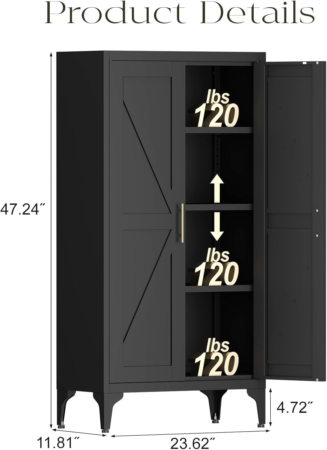 Howcool 48" 2-Door Steel Storage Cabinet with Adjustable Shelves for Kitchen Living Room Office, Black