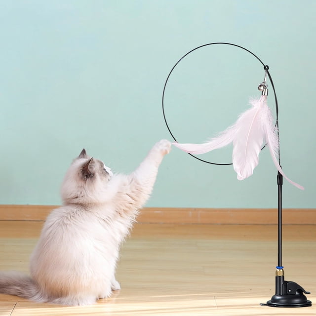 COM1950s Cat Teaser Wand Interactive Toy with Bells and Feathers, Suction Cup for Hands-Free Play, Bendable Rod and Washable Design, Durable Cat Play Stick