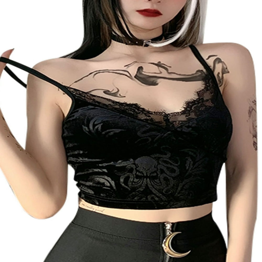 Women s Goth Black Lace Trim Cami Crop Tops Cropped Spaghetti Strap Camisole