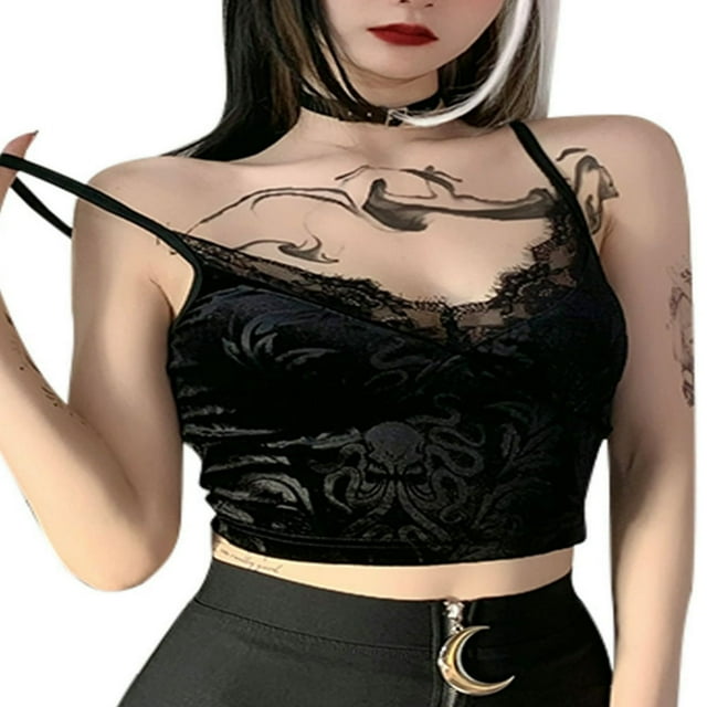 Camisole Courte à Bretelles Spaghetti avec Dentelle Noire pour Femmes