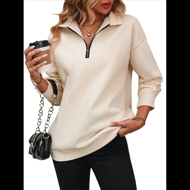 Sudaderas de Gran Tamaño para Mujer, Suéteres de Otoño, Sudaderas con Capucha de Moda, Jersey con Media Cremallera, Camisas de Larga, Ropa Albaricoque M