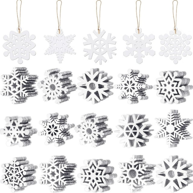 100 unidades de adornos de madera con forma de copos de nieve de Blulu, color blanco, 8 cm