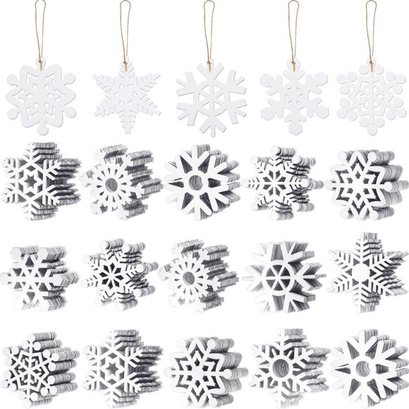 100 unidades de adornos de madera con forma de copos de nieve de Blulu, color blanco, 8 cm