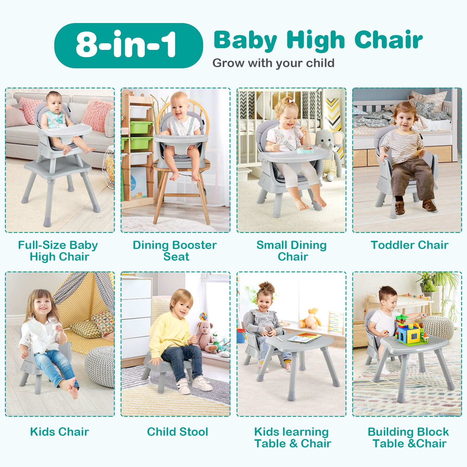 Infans 8-in-1 Baby High Chair w/ Double-layer Cushions Multifunctional Toddler
