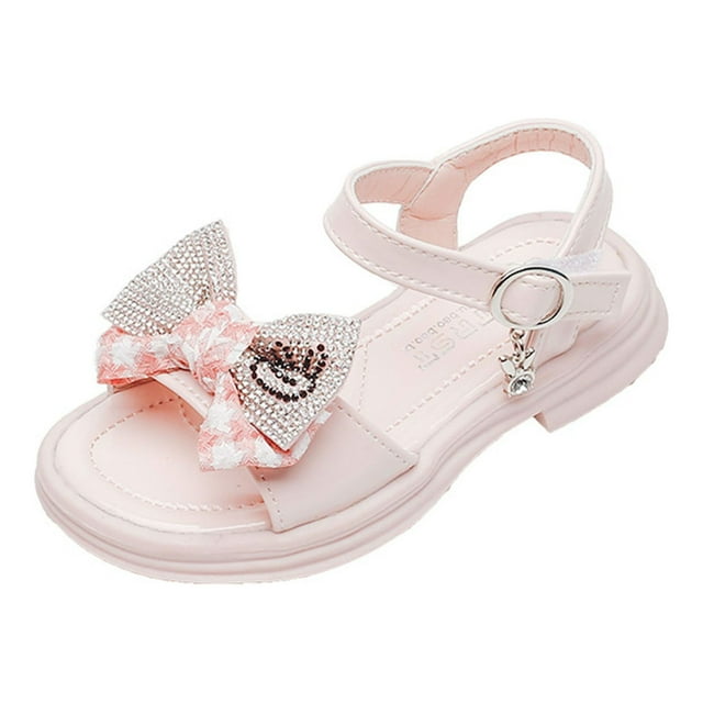GiLiling Girls Open-Toe Sandals, Plaid Rhinestone Bow Adjustable Buckle Ankle Strap, PU Upper Chunky Non-Slip Sole Princess Dress Sandals (Pink, 9.5-10 Years)