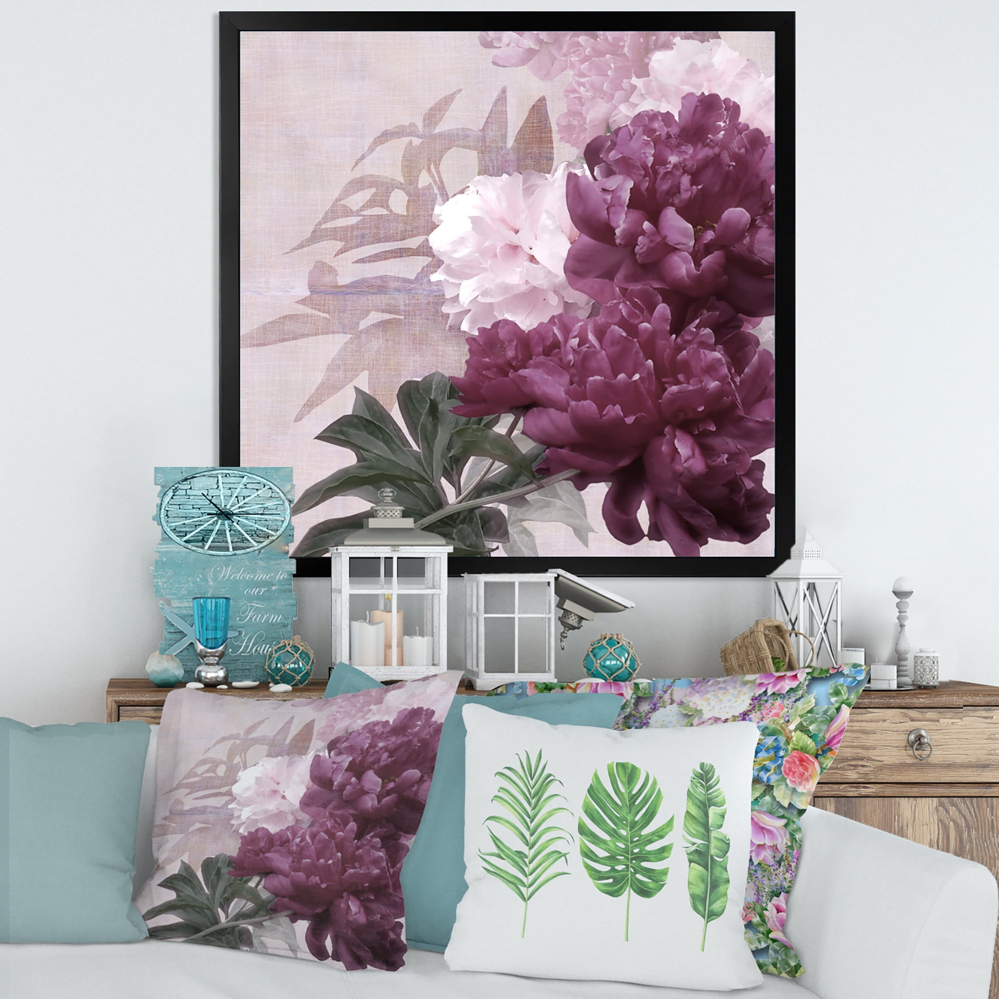 Designart 'Ancient Pink and Purple Flowers I' Traditional Framed Art Print