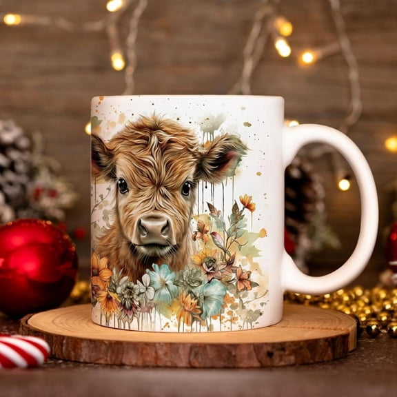 1 Highland Cow Floral Design 11oz Ceramic Mug Portable Wide Mouth Coffee Cup with Vibrant Festive Decor Ideal Home or Office Use Coffee Mug