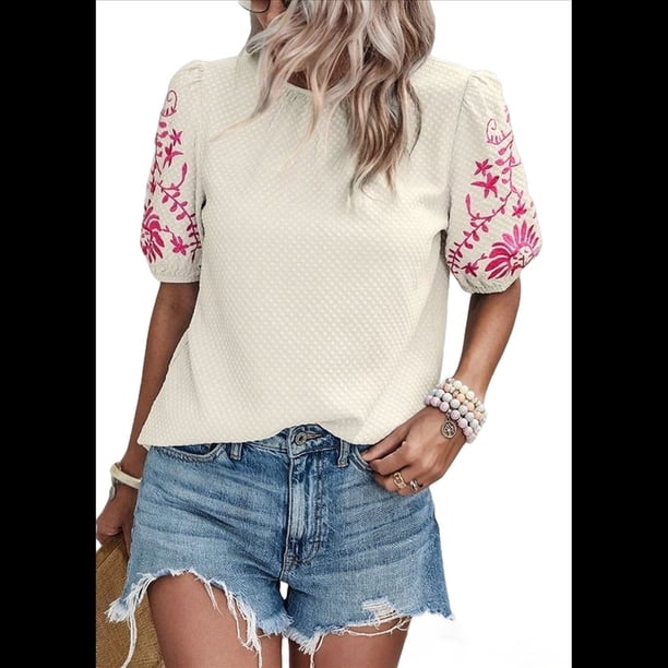Blusas Texturizadas con Bordado Floral para Mujer, Cuello Redondo, Corta Abullonada, Informales, Holgadas, Lisas, Color Albaricoque XL