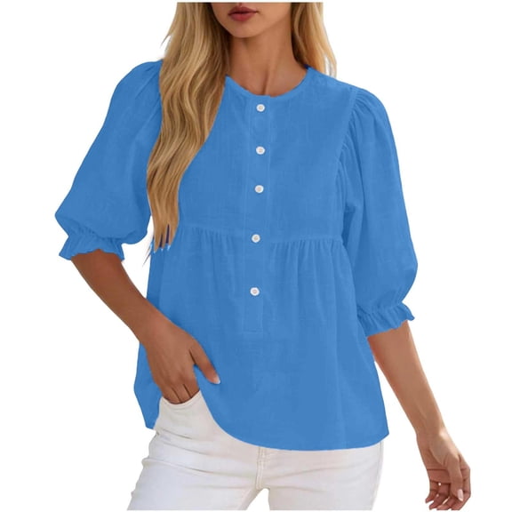 cocolona Summer Puff Sleeve Tops for Women Crew Neck Button Pleated Shirts Dressy Casual Loose Blouses