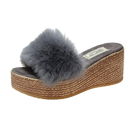 

Womens House Slippers Ladies Fashion Solid Color Fluff Open Toe Waterproof Platform Thick Bottom Slope Heel Slippers