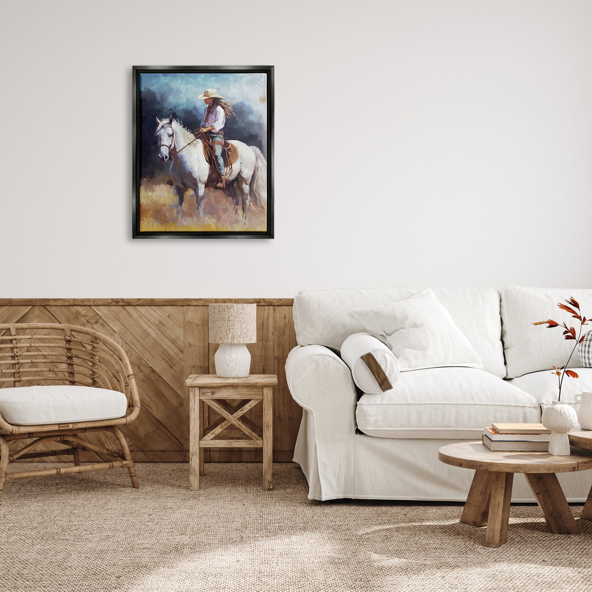 Stupell Industries Cowgirl on White Stallion Animals & Insects Painting Black Floater Framed Canvas Art Print Wall Art, 25 x 31