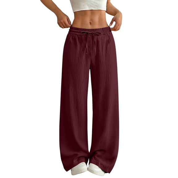 ZHYou Sweatpants for Women Cotton Linen Baggy Fit Drawstring Wide Leg Elastic High Waist Casual Pull On Jogger Pants,Wine,Size M