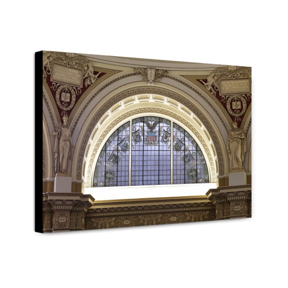 Canvas Print: Main Reading Room. Semi-Circular Stained Glass Window In Alcove By