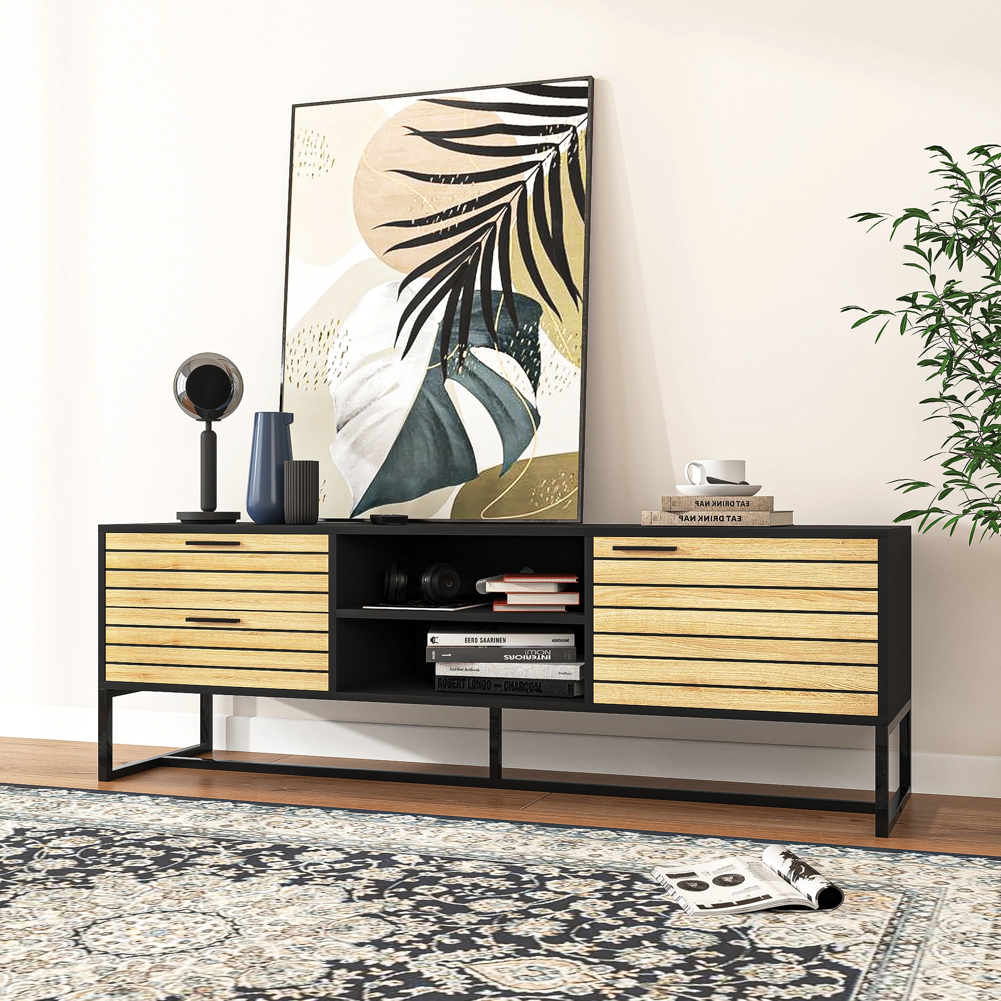 YYAo Mid Century Modern 65" Door Shelf TV Stand, Wood Universal TV Stand with Storage Cabinets and 3 Drawer, Natural YYAo Mid Century Modern 65" Door Shelf TV Stand, Wood Universal TV Stand with Storage Cabinets and 3 Drawer, Natural