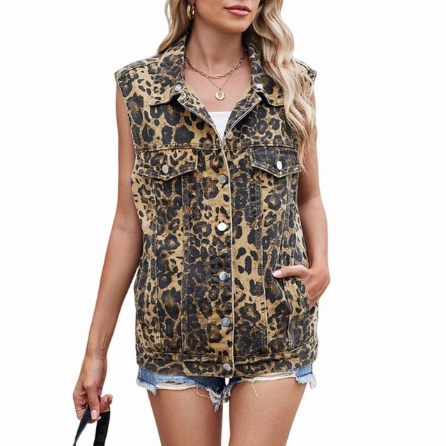 Chaleco Vaquero para Mujer, de Gran Tamaño, Sin Mangas, con Botones y Chaqueta Vaquera Estampado de Leopardo S