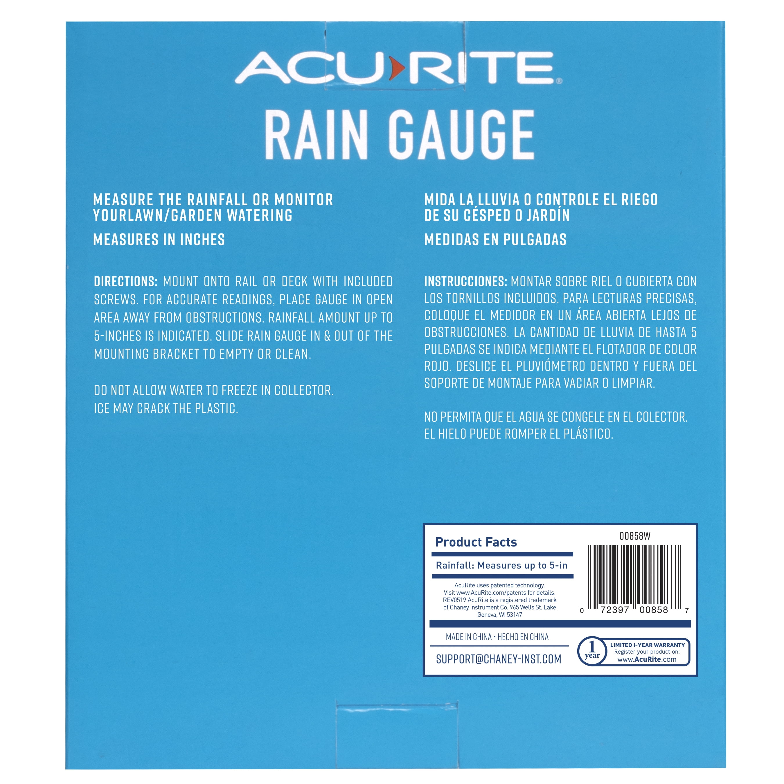AcuRite Clear Waterfall Plastic Rain Gauge 1.5" x 8" x 9" (5-inch Capacity)