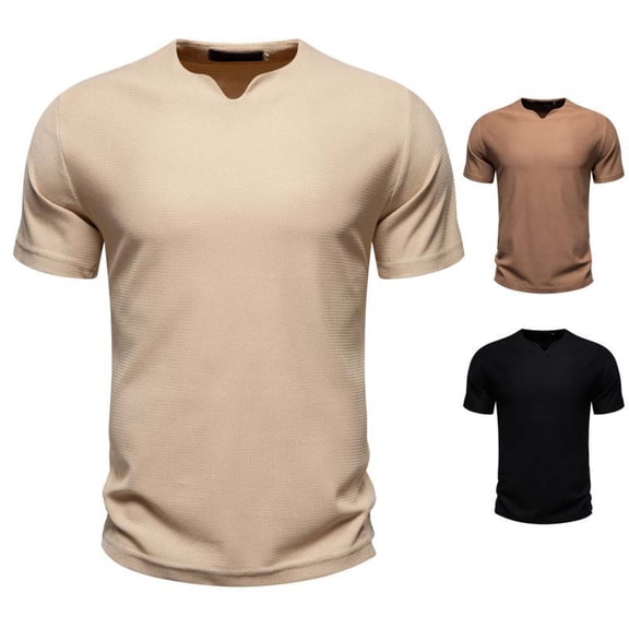 Hinvhai Mens Cotton V Neck T-Shirts Short Sleeve Casual Basic Summer Beach Pocket Tee Tops Khaki 8(XL)