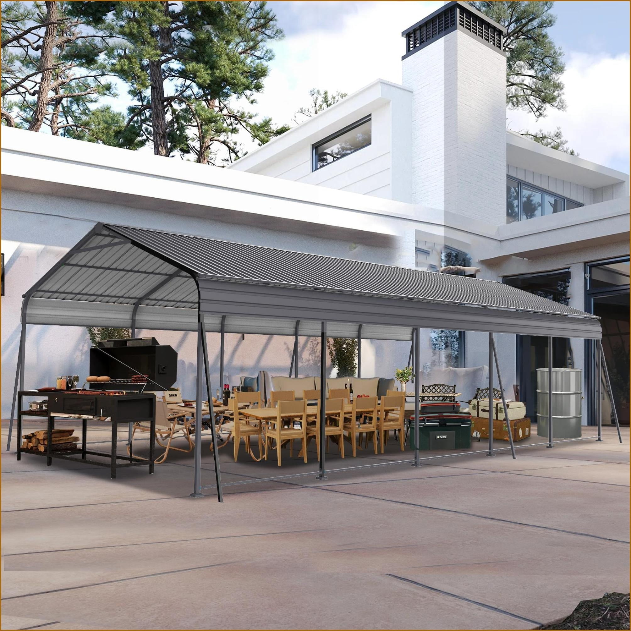 Carports | Modern 13 × 26.5 FT Heavy Duty Galvanized Steel Shelter for Cars Boats Outdoor Events, Slate Gray | Gray | Steel