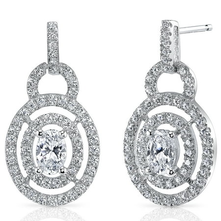 Peora 2.17 Ct Oval Cut CZ Accent Sterling Silver Drop Earrings Rhodium Finish