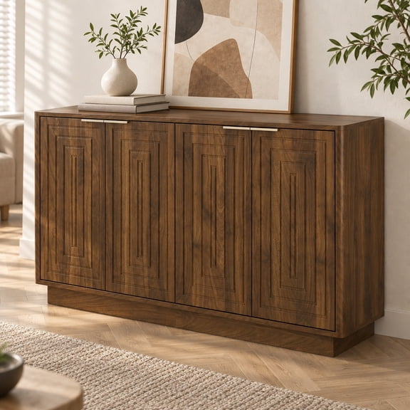 UZUGUL 55" Walnut Buffet Cabinet, Recessed Groove Doors, Adjustable Shelves, Modern Minimalist, for Dining Room