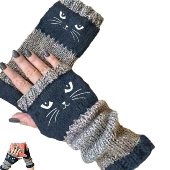 Cat Embroidery Fingerless Gloves for Women, Splicing Knitted Touchscreen Gloves with Cute Cat Design, Stretchy Fashion Hand Warmers for Warm Winter(Navy)