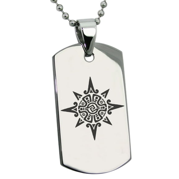Tioneer Stainless Steel Mayan Sun God Rune Engraved Dog Tag Pendant Necklace