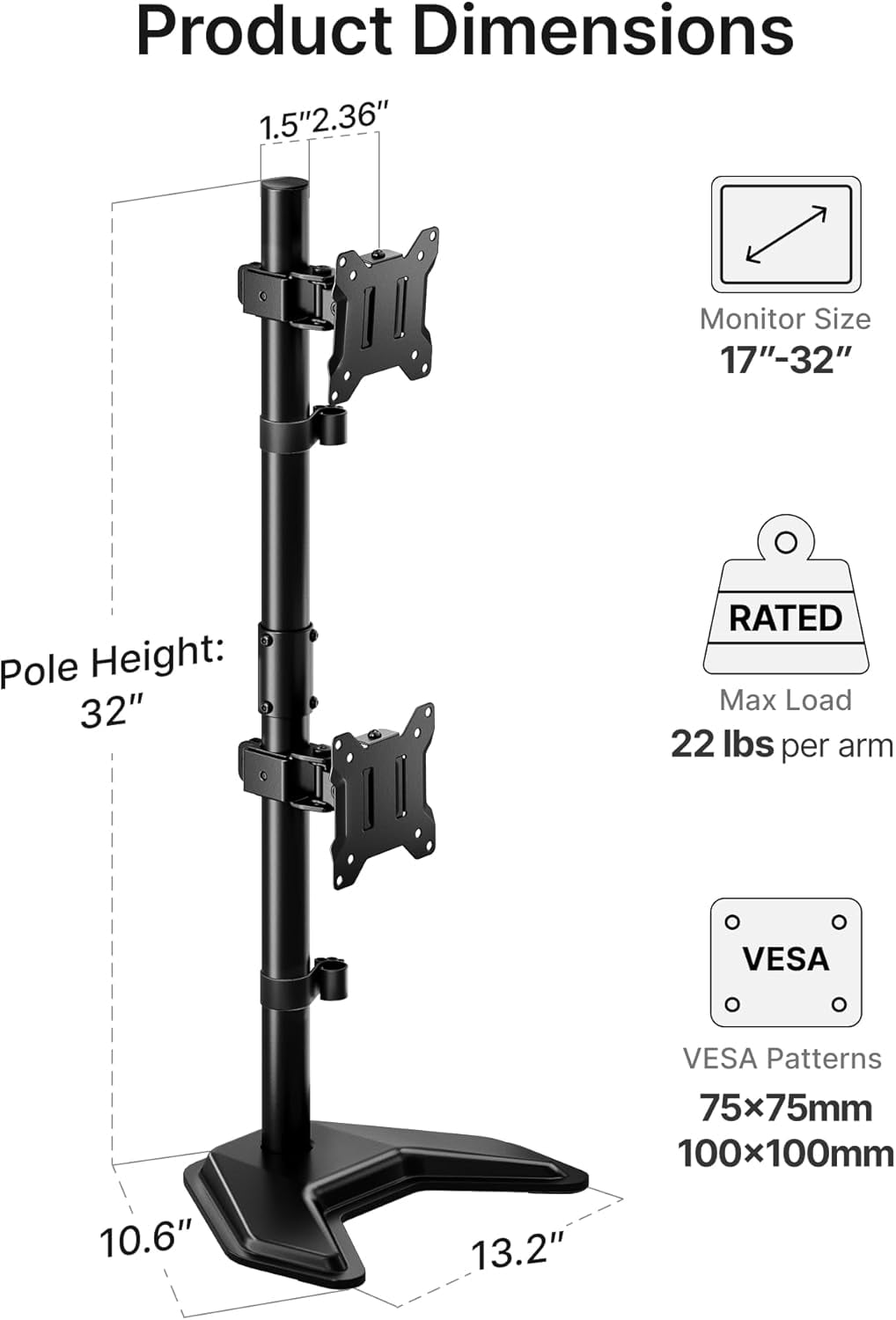 monTEK Vertical Dual Monitor Stand for 17-32 Inch Screens, Freestanding Stacked Monitor Mount with Full Motion Tilt, Swivel & Rotation, Holds up to 22 lbs per Arm, VESA 75x75/100x100mm
