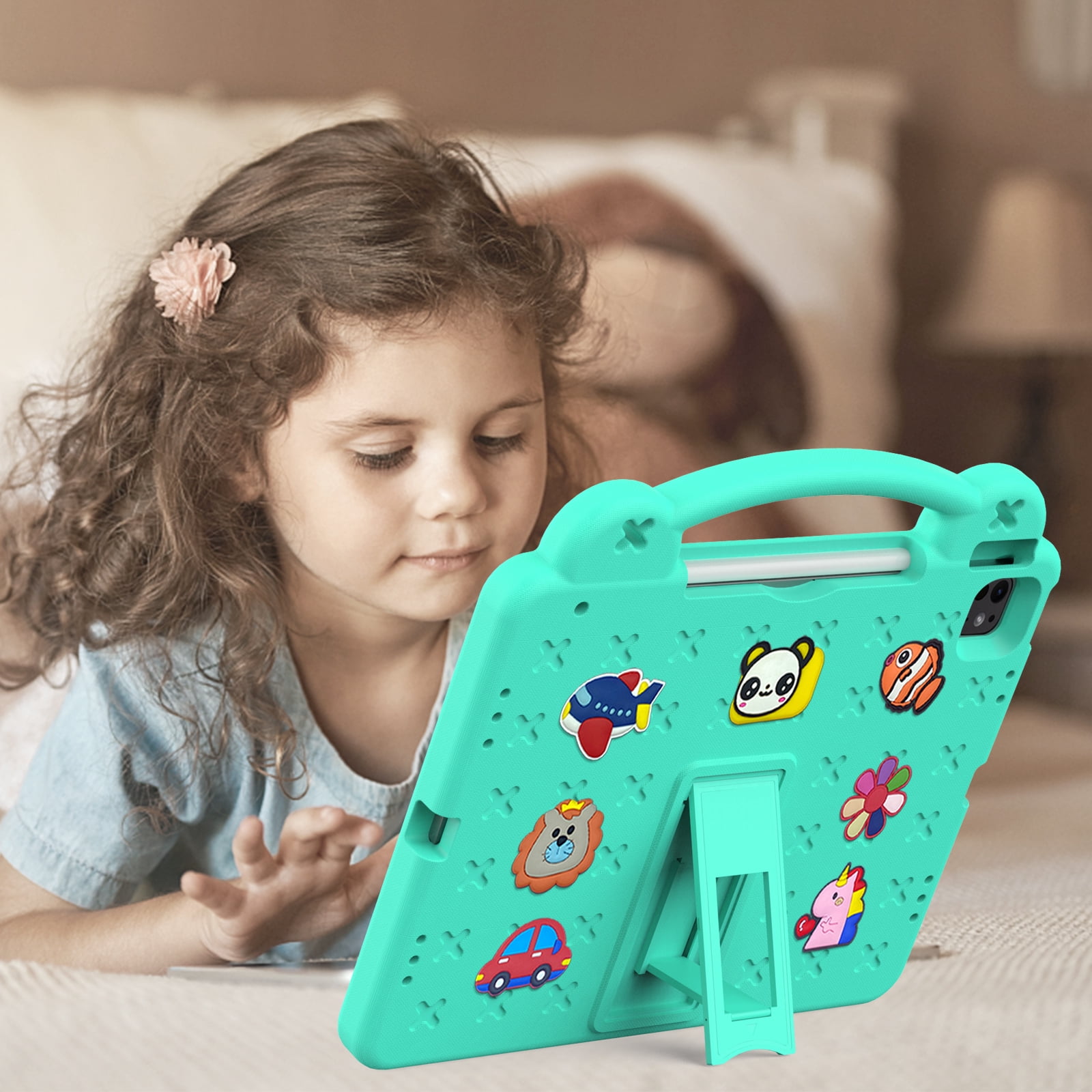 Nalacover Cartoon Handle Case for Apple iPad Air 11 inch 2024 Case, EVA Foam Cute Pattern with Pencil Holder Kickstand Cute Shockproof PC Case for iPad Pro 11 inch 2024, Mintgreen